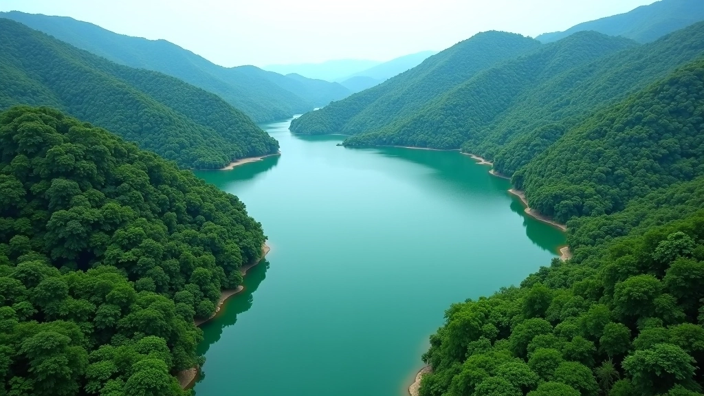 Vista aérea del Lago Guajataca rodeado de vegetación tropical y montañas verdes
