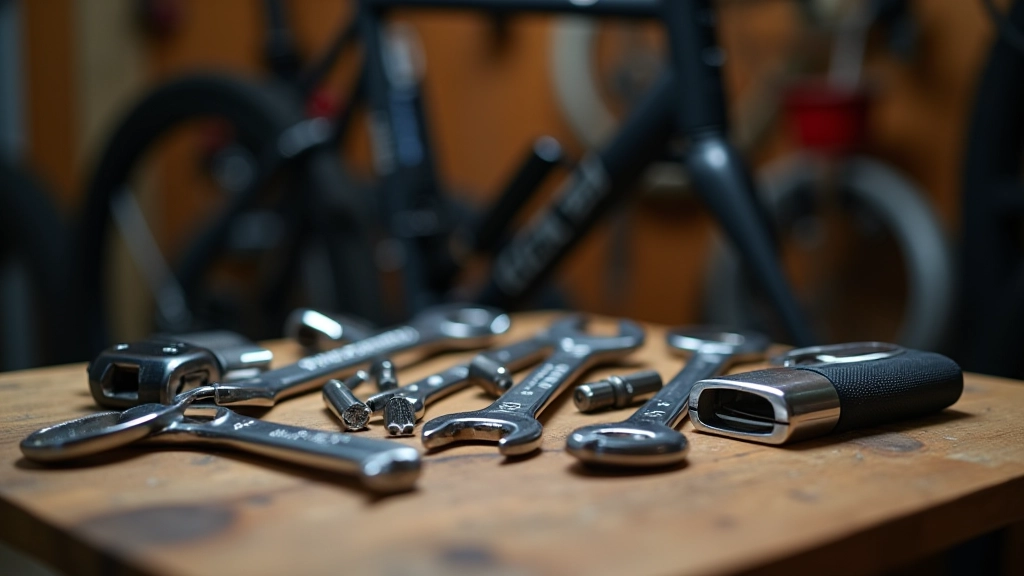 Herramientas de mantenimiento básicas organizadas sobre banco de trabajo con bicicleta al fondo