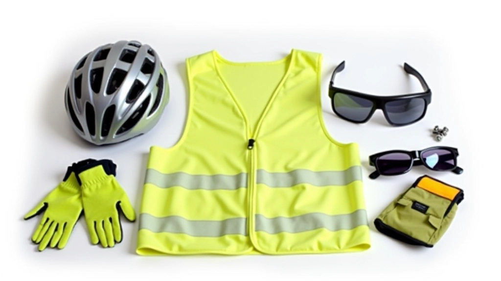 Equipo de seguridad completo incluyendo casco, gafas, guantes y chaleco reflectante dispuestos en fila