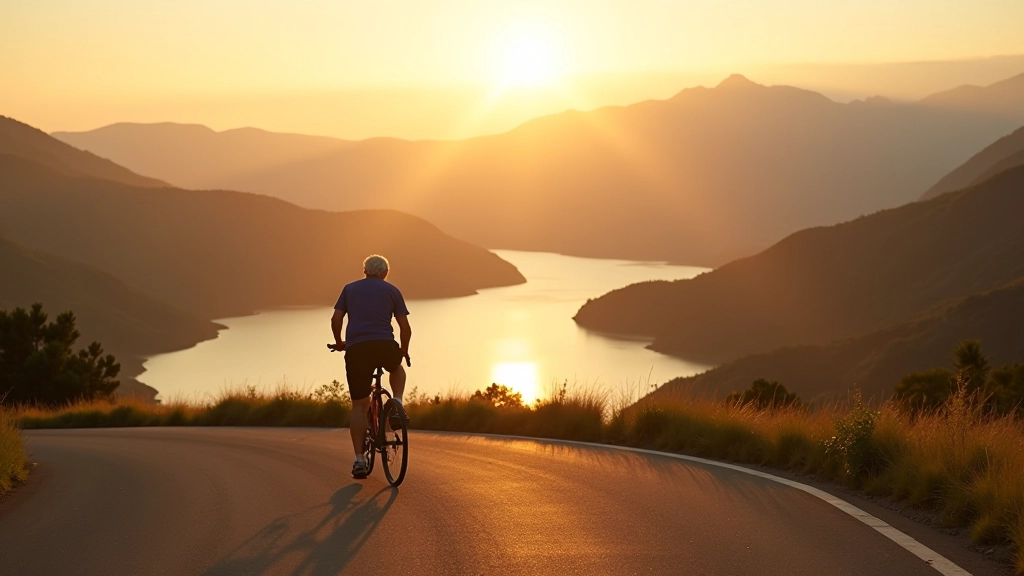 Ciclista pedaleando en una ruta junto a un lago con vista panorámica al atardecer