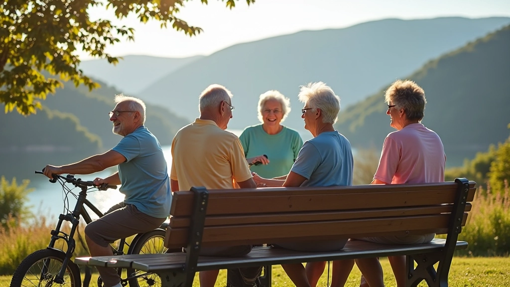 Grupo de personas mayores descansando en un área de picnic junto a sus bicicletas, sonriendo y disfrutando del paisaje del lago
