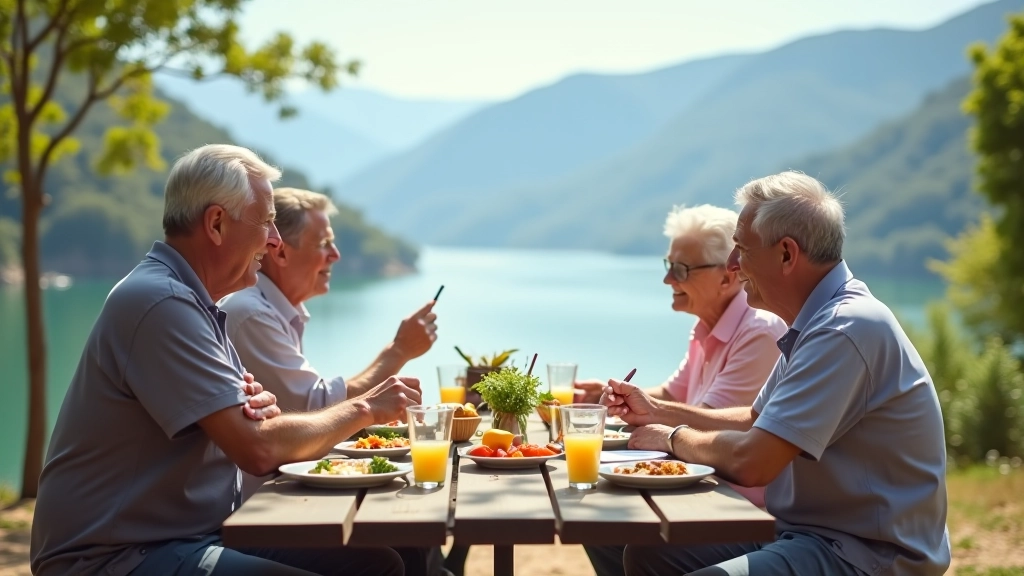Grupo de jubilados descansando en un área de picnic con vista al mirador y montañas de fondo