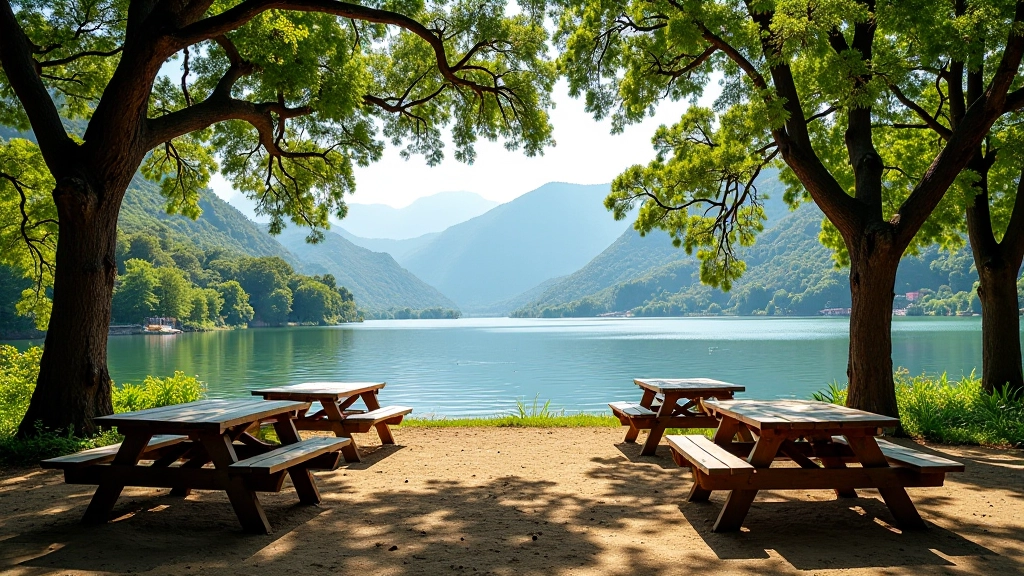 Ciclistas descansando en un área de picnic con vista al lago y vegetación tropical