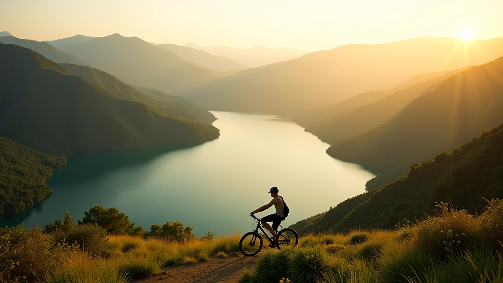 Vista panorámica del Lago Guajataca desde el mirador con montañas al fondo durante el atardecer