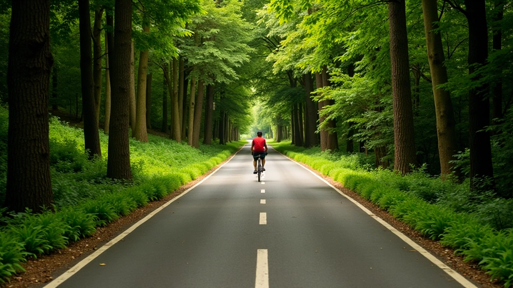 Sendero de ciclopista bien mantenido con árboles a ambos lados y señalización clara