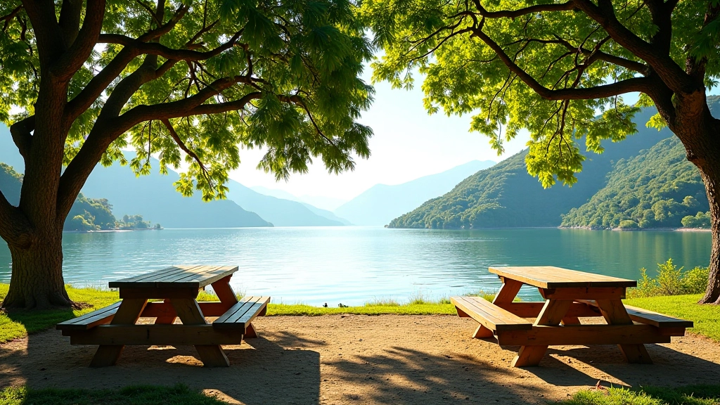 Mesas de picnic bajo árboles frondosos con vista al lago Guajataca, área de descanso principal en Quebradillas