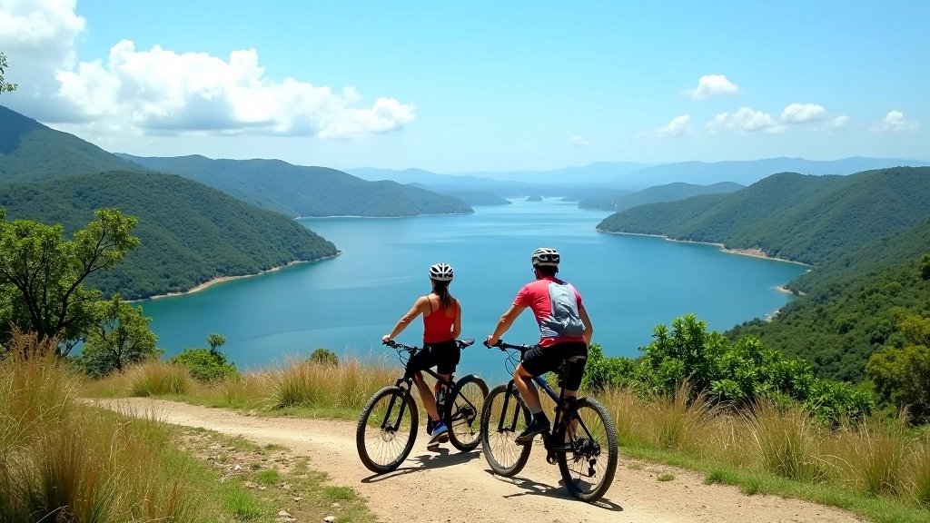 Vista panorámica del Lago Guajataca desde el mirador con vegetación tropical y agua clara bajo cielo azul